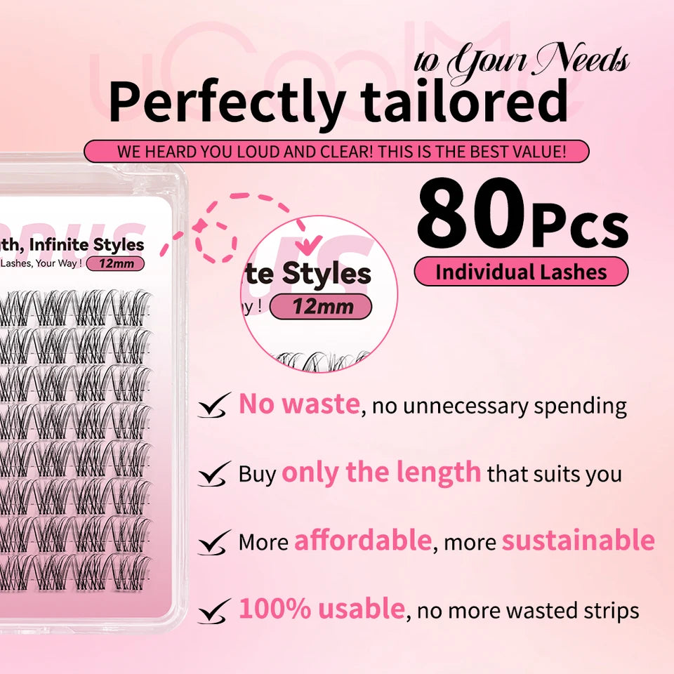 uCoolMe Lashes Venus Single-length False Eyelashes 80pcs Invisible Band 8 10 12 14 16mm Zero-Waste Uniform-Size Lash Extensions