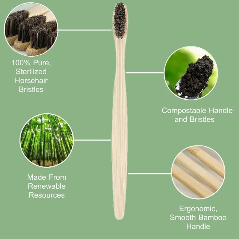 100pcs Horse Bristles & Bamboo Toothbrushes Premium Boar Bristle Toothbrush for Adult Eco-Friendly Biodegradable Zero Waste