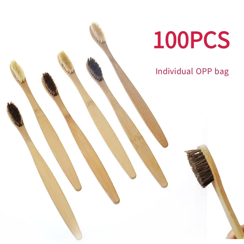 100pcs Horse Bristles & Bamboo Toothbrushes Premium Boar Bristle Toothbrush for Adult Eco-Friendly Biodegradable Zero Waste